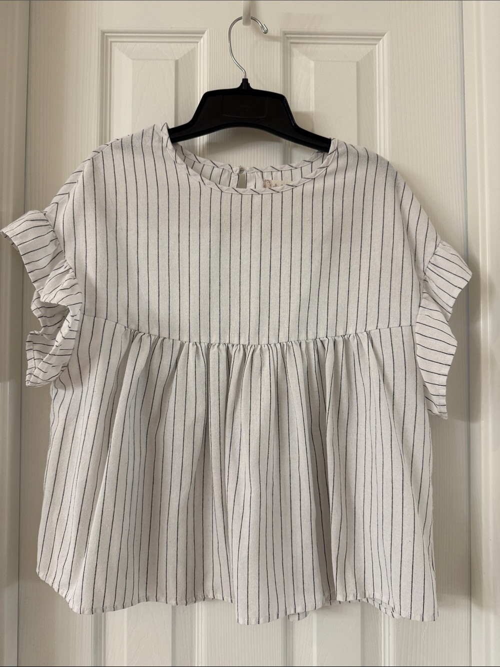 Altar'd State White Navy Pinstripe Ruffle Sleeve Blouse